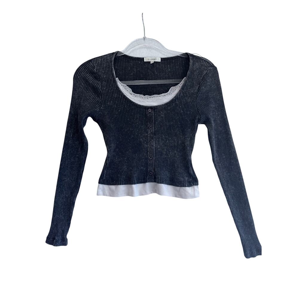 No Comment Layered Henley Crop Top Size M Black Ribbed Lace Trim Long Sleeve Y2K